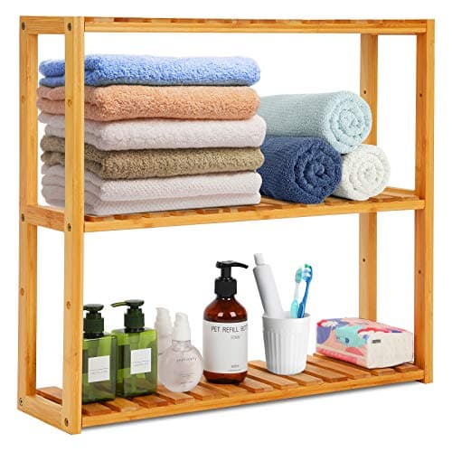 Image of 3-Tier Bamboo Bathroom Shelf, Multifunctional Wall Mount Storage Rack Unit, Adjustable Bookcase Layer Rack Free Standing Toilet Utility Shelves, Bathroom Kitchen Living Room Holder-Natural Bamboo