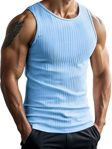 Image of PINSPARK Men's Tank Top Sleeveless T-Shirt Breathable Muscle Shirts Slimming Bodybuilding Vest Quick Dry Gym Fitness Tops Ribbed Vests Tight Undershirt Light Blue L