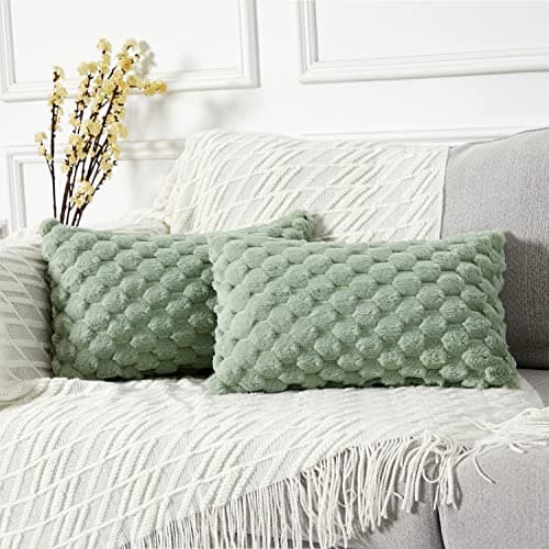 Image of YAERTUN Pack of 2 Decorative Faux Fur Sage Green Sofa Cushion Covers 30cm x 50cm 12x20 Inch Solid Rectangle Throw Pillow Cases Soft Cozy Luxury Pillow Covers Couch Bed Livingroom
