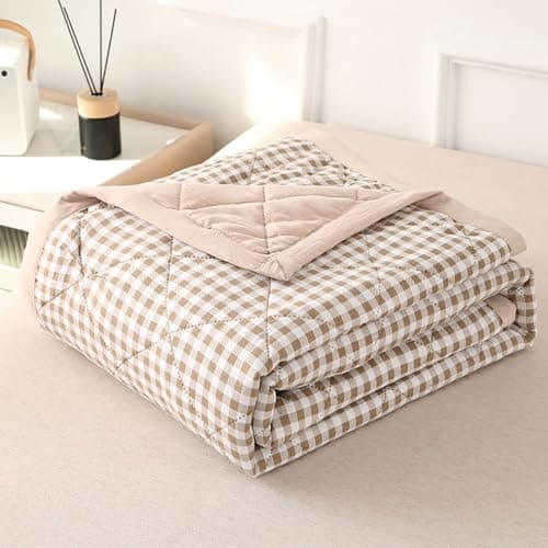 Image of DOTBUY-SHOP Quilted Bedspreads, Check Quilt Bed Throws Cotton Filling Duvet Super King Single Double Size Children's Bed Reversible Quilted Throw for All Season (Khaki,200x230cm)