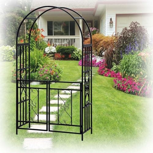 Image of Garden Arch with Door, Metal Climbing Plants Trellis, Outdoor Arbour for Roses and Vines, Sturdy Design, Perfect for Garden Pathways and Landscapes, 114cm x 210cm