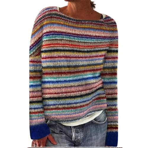 Image of YONGLSP Norwegian Sweater Women, Women's Knitted Print Retro Sweater Crewneck Long Sleeve, Autumn and Winter Casual Loose Knit Jacquard Sweater (Rainbow Stripes,M)