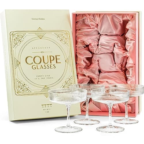 Image of Vintage Art Deco Coupe Glasses | Set of 4 | 200 ml Classic Cocktail Glassware for Champagne, Martini, Manhattan, Cosmopolitan, Sidecar | Crystal Speakeasy Style Saucer Goblets with Stems