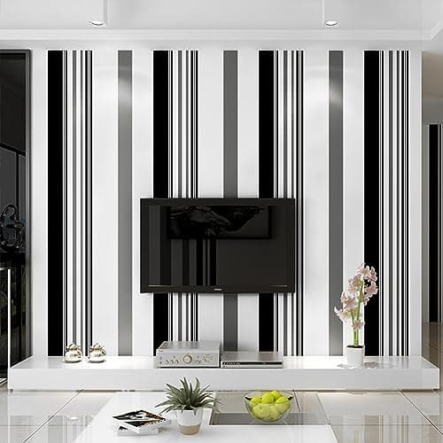 Image of Warmiehomy Non-Woven Wallpaper 53cm x 10m Striped Wallpaper Roll Black White Grey Wall Paper for Living Room Bedroom TV Background