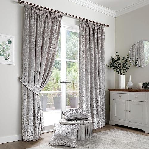 Image of Curtina - Silver Velvet Damask Curtains W46 x L72" (117 x 183cm) - 2 Tie Backs Included - Damask Curtains - 2 Velvet Curtain Panels - Woven Curtains in Silver - Luxury Curtains & Drapes