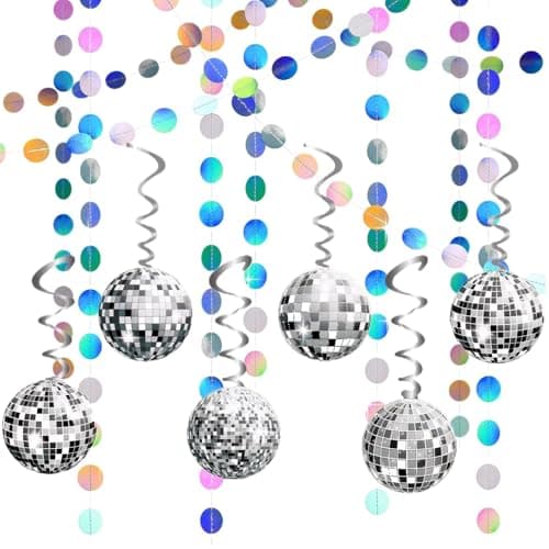 Image of 54 Pcs Disco Party Decorations. Silver Disco Ball Decorations with Laser Cut Round Paper Swirls. Party Decorations for Ceilings. Reflective Disco Decorations for Lively 70s & Music Themed Parties