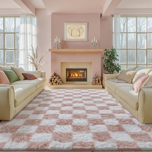 Image of HUGEAR Fluffy Checkered Rugs Living Room Large Area Rug 200x300cm Pink and White Bedroom Shaggy Soft Thick Carpet Kids Girl Room Decor Lounge Nursery Plush Carpets