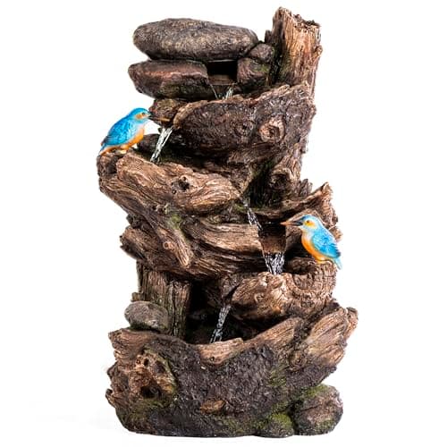 Image of Serenity Cascading Tree Trunk Water Feature with LED Lights and Two Kingfishers – Garden Fountain, Rustic Outdoor Ornament, Mains Powered with Pump, 63cm Decorative Polyresin Fountain