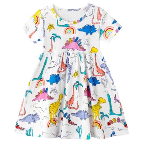 Image of Baogaier Girls Dress Cotton Summer Short Sleeve Soft White Dinosaurs Dresses Casual Elegant T-Shirt Round Neck Birthday Party Princess Dress Kids Clothes 3-4 Years