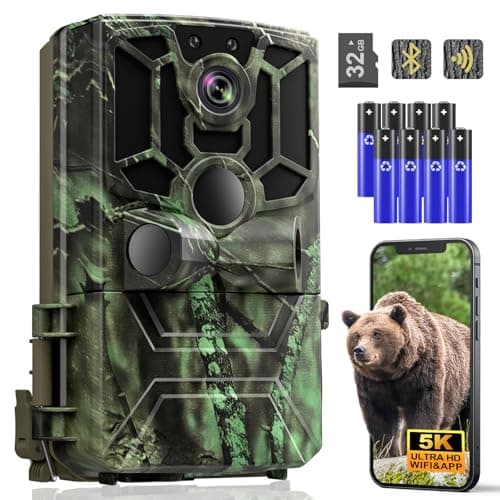Image of Wildlife Camera Night Vision Motion Activated - 5K Trail Cameras 60MP Full HD Support Mobile Phone APP & Bluetooth, Infrared Garden Cam 0.1s Trigger IP66 Waterproof 32GB TF Card 8 AA Batteries