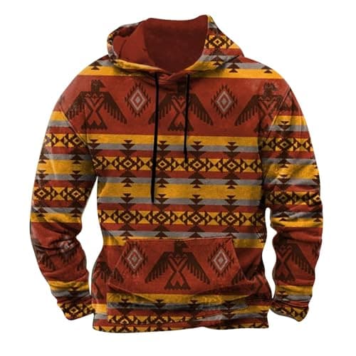Image of Mens Hoodies Western Aztec Hooded Sweatshirt Vintage Printed Graphic Hoodie Patchwork Jumpers with Pocket Regular Fit Long Sleeve Pullover Casual Gym Tops for Men (Orange #1, L)