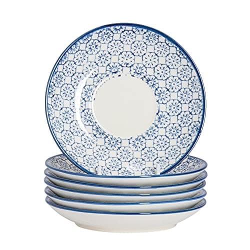 Image of Nicola Spring Hand-Printed Cappuccino Saucers - 14.5cm - Navy - Pack of 6 - Porcelain Tea Dish Espresso Coffee Cup Plate