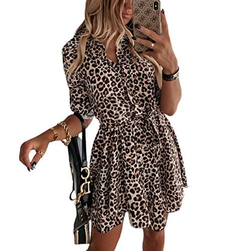 Image of Loalirando Women's Dress Long Sleeves Leopard Printed Elegant Shirt Button with Belt Office Casual Ceremony Wear Summer Dress (Leopard, L)