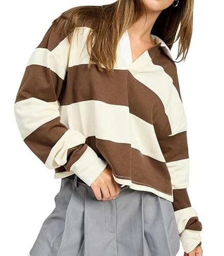Image of Women Striped Oversized Polo Shirt Long Sleeve Lapel Collar Pullover Sweater Color Block Rugby Sweatshirt A Brown
