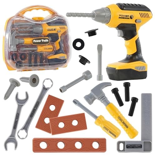 Image of The Magic Toy Shop 20 Piece Kids Tool Set with Carrying Case - Toy Tool Kit with Electric Drill, Hammer & Screwdriver, Light & Sound, Educational Role Play - Children's Pretend Play & Early Learning