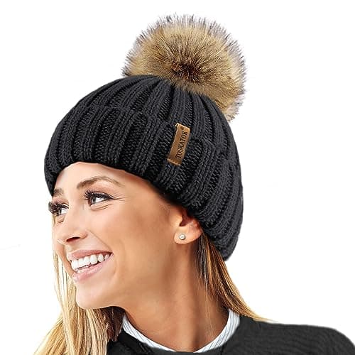 Image of TOSKATOK®Womens Warm Winter Hat Woolly Knitted Beanie with Detachable Chunky Faux Fur Bobble Pom Pom-Black