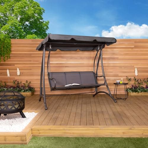 Image of CHARLES BENTLEY 3 Seater, Garden, Patio, Outdoor, Swing Seat Hammock Chair, Grey Chair, Grey Frame, Weatherproof, Swinging Function, Mesh Seat, Steel Frame, Easy To Use, Curved Design (121x194x170cm)