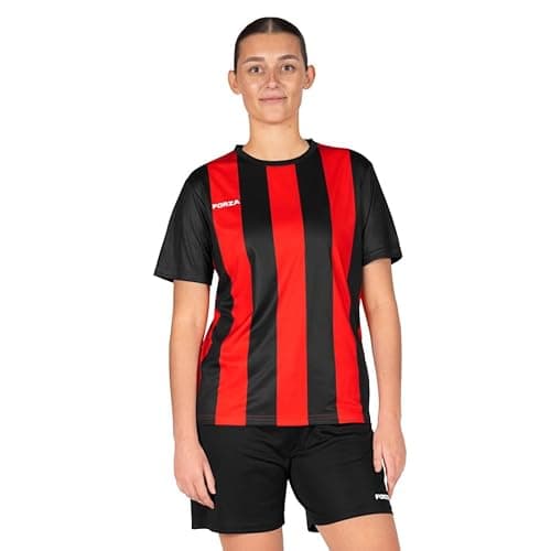 Image of FORZA Women's Striped Football Jersey [XS-XL] | Premium Short Sleeve Football Shirts - 5 Stripe Colour Options (UK, Alpha, XL, Regular, Regular, Black & Red)