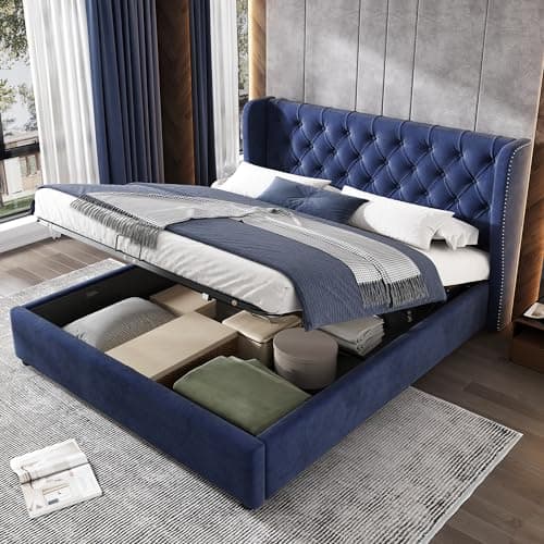 Image of BTM Velvet Upholstered Bed, Double Bed Frames 135 * 190cm, Double Bed with Storage & Headboard, Ottoman Storage Bed with Hydraulic Lever, Blue Bed