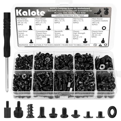 Image of 522PCS Computer Screws Assortment Kit, Carbon Steel Black Zinc Plated Motherboard Standoffs Screws PC Screws for HDD, SSD Hard Drive Fan, Power Supply, Graphics, Laptop, PC ATX Case for DIY & Repair