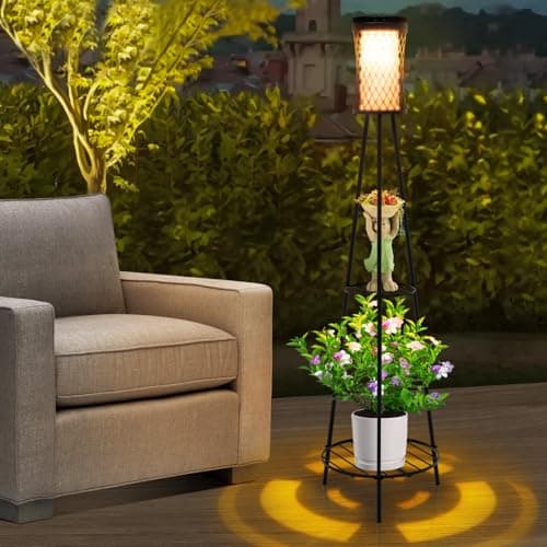 Image of Aialun Outdoor Floor Lamp with 2 Plant Stands, IP65 Waterproof Patio Decor Solar Lights with USB Charging Port, 3 Lighting Modes Outdoor Lamps for Porch Deck Yard and Garden (1 Pack)