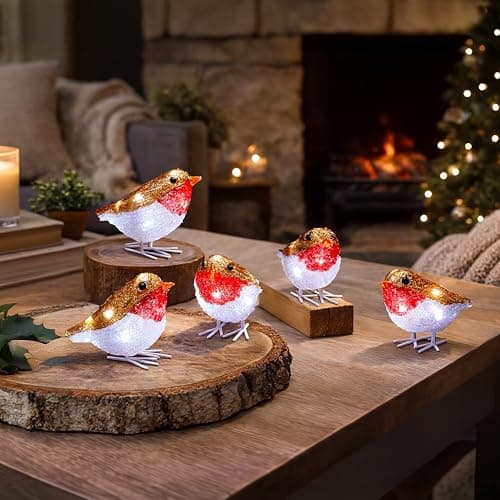 Image of Marco Paul Set of 5 Light Up Ice Robins – 40 Cool White LEDs, Indoor/Outdoor Christmas Decorations with Timer, Battery Powered Robin Ornaments Linked by Clear Wire – 11×12cm Winter Garden Decorations