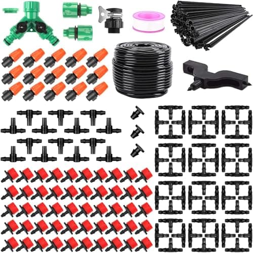 Image of 164FT/50M Irrigation System Kit, Automatic Watering System with Irrigation Tubing and Accessories, Drip Irrigation System for Greenhouse, Yard, Lawn, Plant (202PCS/50M Hose)