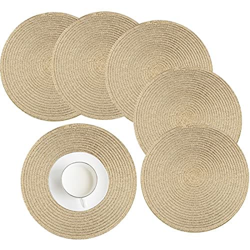 Image of HEYOMART Round Placemats Set of 6, Christmas Gold Place Mats Glitter Bling Heat Resistant, 38cm Braided Woven Table Mats Washable for Kitchen Dining Table, Party, Wedding