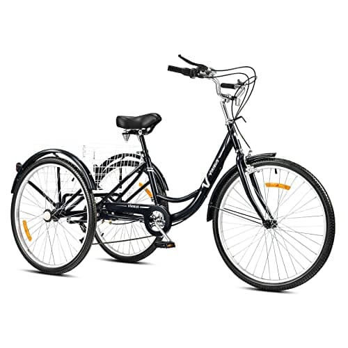 Image of Viribus 24 Inch Adult Tricycle, 7 Speed Trike 3 Wheel Cargo Bike with Basket & 205 kg Cap for Men Women Seniors, Adjustable Three Cruiser Bicycle Shopping Cycling Pedalling, Black