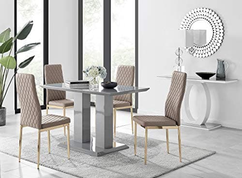 Image of Furniturebox UK Imperia 4 Grey High Gloss 4 Seater Pillar Style Kitchen Dining Table & 4 Cappuccino Faux Leather Gold Leg Milan Dining Chairs