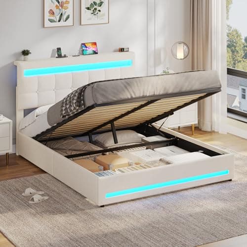 Image of AOGLLATI Double Ottoman Bed Frame 135×190 cm with Charging Station & LED Lights, Upholstered Platform Bed frame with Under-bed Storage and Storage Headboard, No Box Spring Needed,Off-white Linen