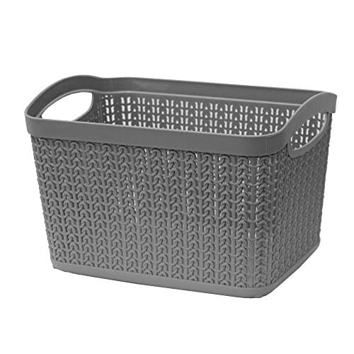 Image of JVL 13-353GY Knit Design Loop Plastic Rectangular Small Storage Basket with Handles, Grey, 20 x 26 x 17 cm, 6.6 Litres