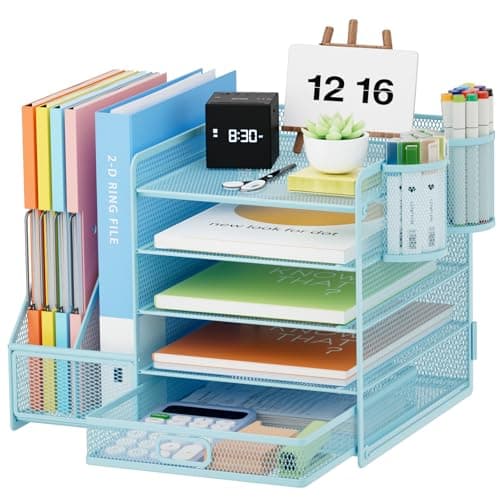 Image of Marbrasse Desk Organiser File Holder,5-Tier Paper Letter Tray Organiser with Drawer,2 Pen Holder,Mesh Desktop Storage with Magazine Holder for Office Supplies(Blue)