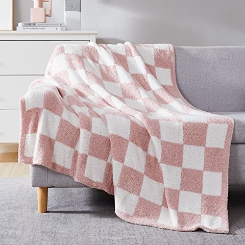 Image of WRENSONGE Checkered Throw Blanket, Pink Microfiber Soft Cozy Fluffy Warm Hand Made Weave Throw Blankets for Couch, Sofa, Chair, Bed, Camping, Picnic, Travel Lightweight Bed Blanket - 50"*70"