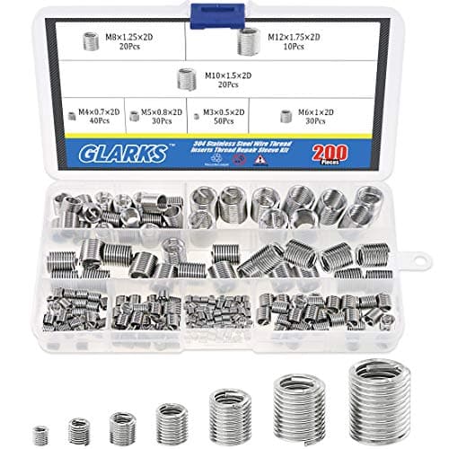 Image of Glarks 200Pcs Wire Inserts Screws Sleeve Assortment Kit, 304 Stainless Steel Metric M3 M4 M5 M6 M8 M10 M12 Wire Thread Inserts Helical Type Coiled Wire Screw Repair Sleeve for Automotive Repairs