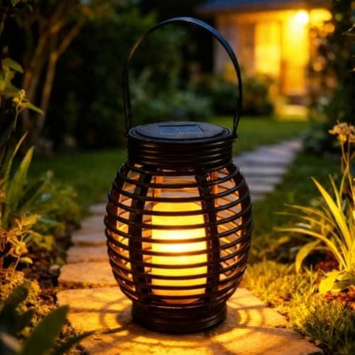 Image of Festive Lights - Solar Powered Black Rattan Effect Lantern - 21cm Garden Candle Cage Lantern, Warm White Flickering Flame LED, Outdoor Hanging Tabletop Patio & Decking Decoration, IP44 Waterproof