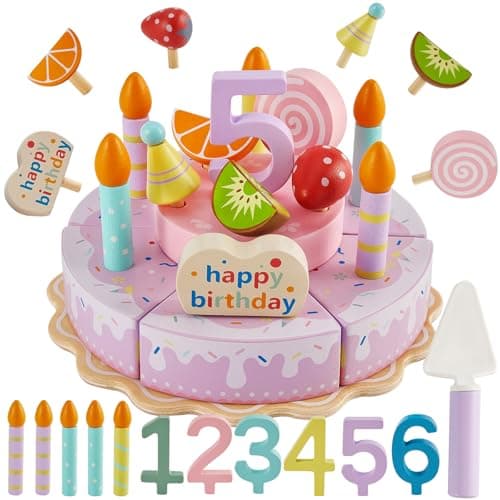 Image of HERSITY Wooden Birthday Cake Pretend Play Toy for Toddlers Girls, Cutting Food Toys Afternoon Tea Set Gifts for 3 4 5 Years Old Kids Childrens