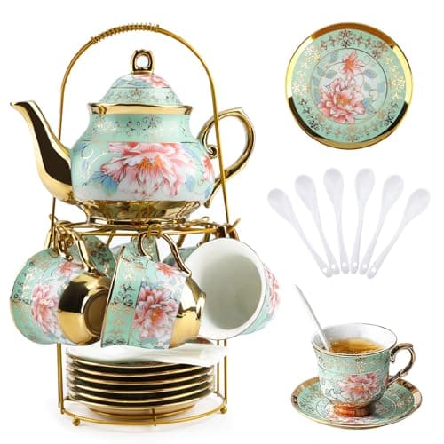 Image of Tea Set for Adults - Porcelain Afternoon Tea Sets with Teapot, 20Pcs Tea Cup and Saucer Set, Gold Flower Painting, Vintage Tea Party Set for Home, Wedding & Gift