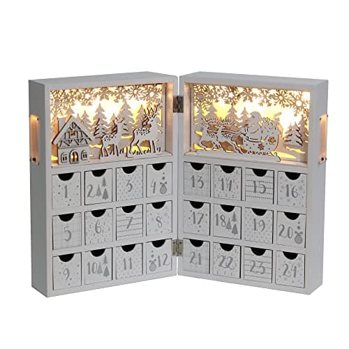 Image of PE Christmas Wooden Advent Calendar Book with Drawers and LED, Reusable Christmas Countdown Wooden Advent Calendar with Village Forest Reindeer Scene (White&Gold)