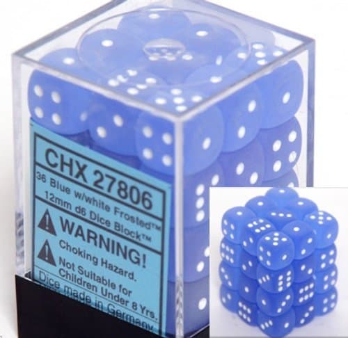 Image of Chessex Dice d6 Sets: Frosted Blue with White - 12mm Six Sided Die (36) Block of Dice
