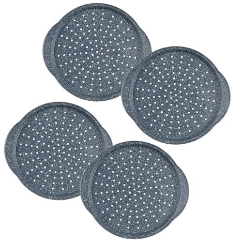 Image of Russell Hobbs COMBO-6242 Set of 4 Pizza Pans – 37 cm Non-Stick Carbon Steel Baking Tray, PFOA-Free, Perforated Round Crisper with Holes, Durable Kitchen Bakeware, Nightfall Stone, Blue Marble