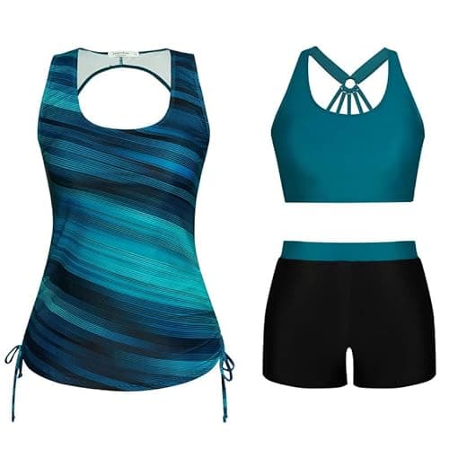 Image of JASAMBAC Women's Tankinis Tankini Sets Tankini Swimsuits 3 Piece Floral Print Athletic Bathing Suits Tummy Control Modest Swimwear with Boyshort