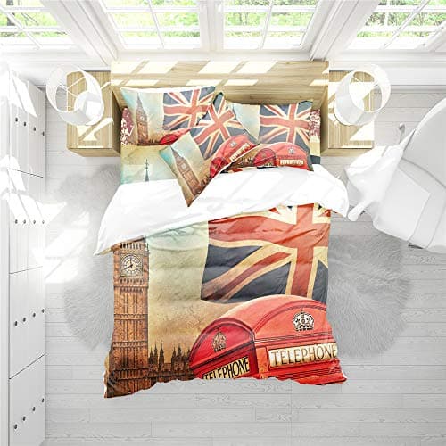 Image of DEZEE Retro London Old Big Ben United Kingdom Duvet Cover Sheet and Pillowcases(Choose 4 PCS) for Single Double King Bed/Made of Ultra-Soft Microfiber (04,Double-3 PCS-200 * 200cm)