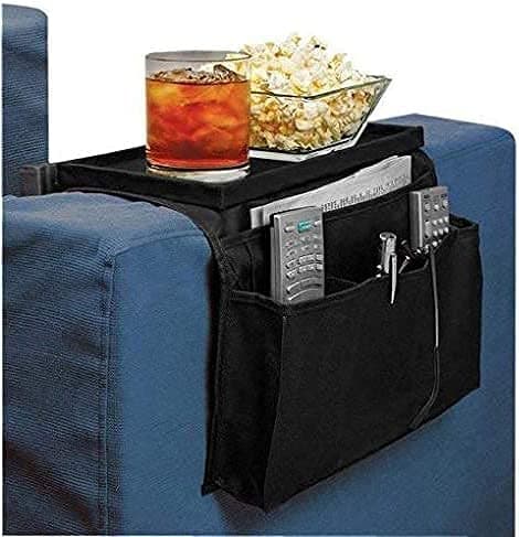 Image of Sofa Armchair Organiser TV Remote Control Organizer Couch Caddy Arm Rest Bag Holder Sofa Tray Remote Caddy Chair Couch Storage 6 Pocket Armchair Table Storage Bag with Cup Holder (Black(top tray))