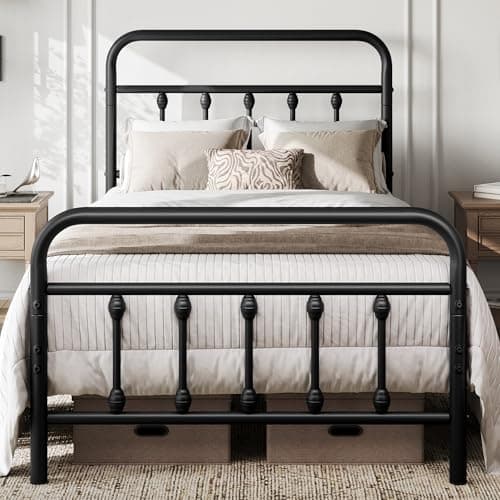 Image of Yaheetech 3ft Single Bed Frame Vintage Iron Platform Bed with High Headboard and Footboard, Strong Metal-Framed Bed with Storage Black
