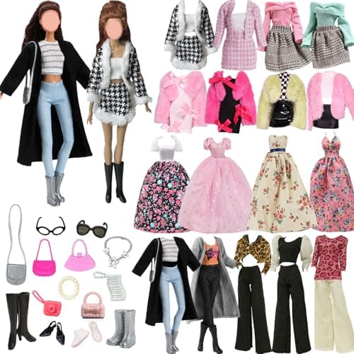Image of 24 Pcs Doll Clothes Accessories Set, 11.5‑Inch Fashion Doll Outfit with Houndstooth Skirt, Black Coat & Windbreaker, Shoes, Bags, Jewelry for Cool‑Girl, Sweet & Elegant Styles