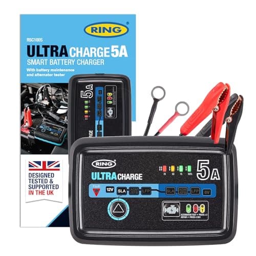 Image of RING ULTRACHARGE 5A Smart Car Charger & Battery Maintainer With Built-In Alternator Testing - Compatible With Lithium Ion, Lead Acid, Gel, EFB & AGM Batteries (6V & 12V Compatible)