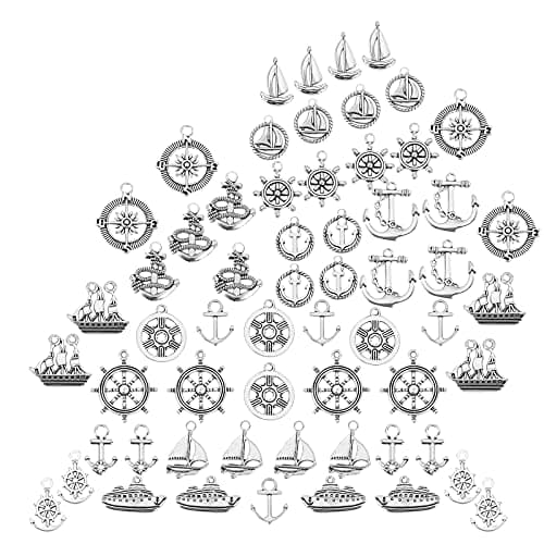 Image of SUNNYCLUE 1 Box 60Pcs 15 Styles Anchor Charms Tibetan Style Alloy Helm Ship Flat Round Boat Vehicle Wheel Shape Ocean Sailing Theme Pendants for Making Crafts Supplies, Antique Silver