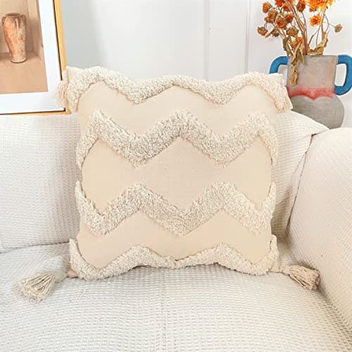 Image of RKAAS HOME Boho Tassel Style Tufted Decorative Square Cushion Covers for Living Room Sofa Couch Bed 45cm x 45cm 18x18 Inches (Pack of 1 - Design 2)