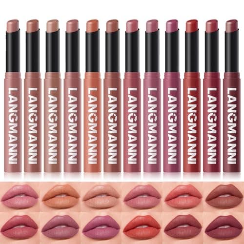 Image of LANGMANNI 12Colors Velvet Matte Lipstick Set, Nude to Bold Shades | High Pigment & Non-Drying | Creamy Lip Color Sticks With Angled Tip in Premium Gift Box for Women